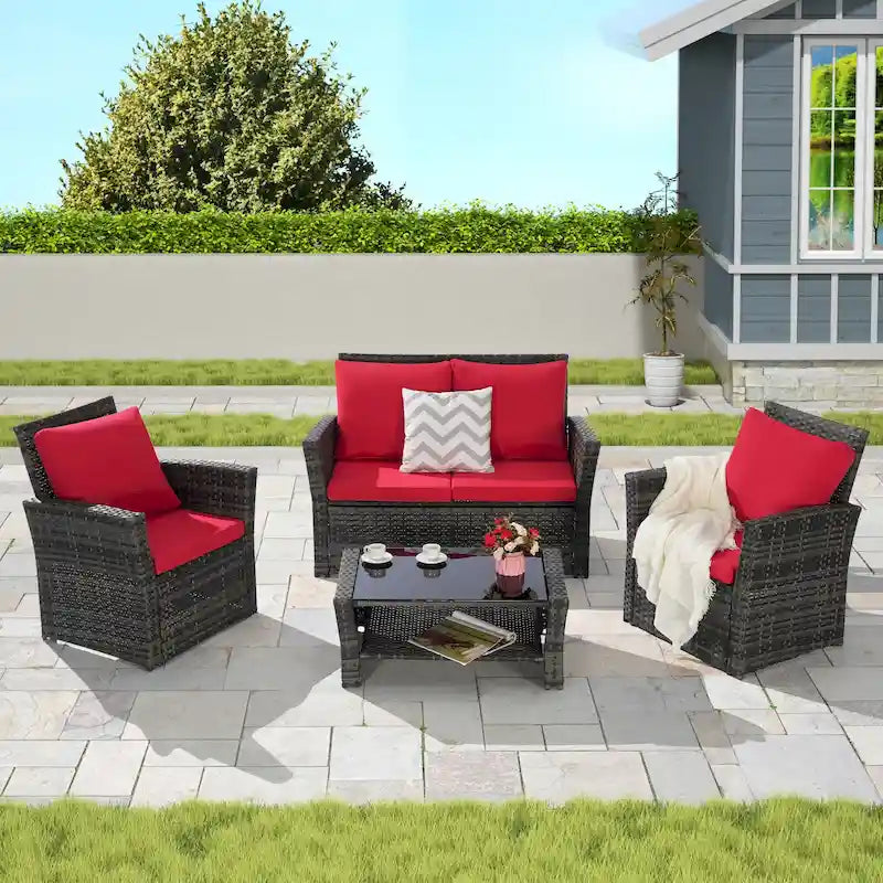 4 Piece Patio Furniture Set, Outdoor Rattan Wicker Sofa Set with Water Resistant Cushion and Tempered Glass Coffee Table