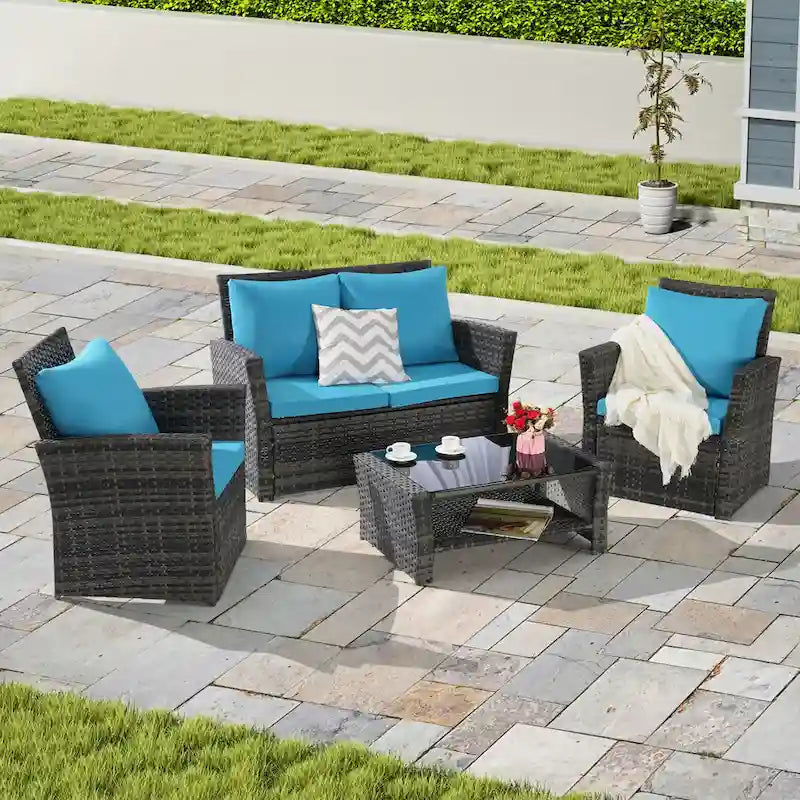 4 Piece Patio Furniture Set, Outdoor Rattan Wicker Sofa Set with Water Resistant Cushion and Tempered Glass Coffee Table
