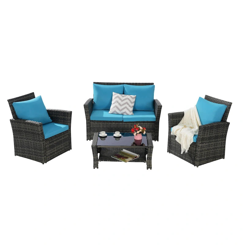4 Piece Patio Furniture Set, Outdoor Rattan Wicker Sofa Set with Water Resistant Cushion and Tempered Glass Coffee Table