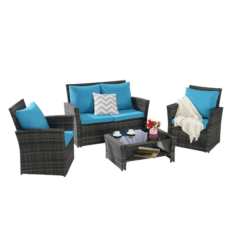 4 Piece Patio Furniture Set, Outdoor Rattan Wicker Sofa Set with Water Resistant Cushion and Tempered Glass Coffee Table