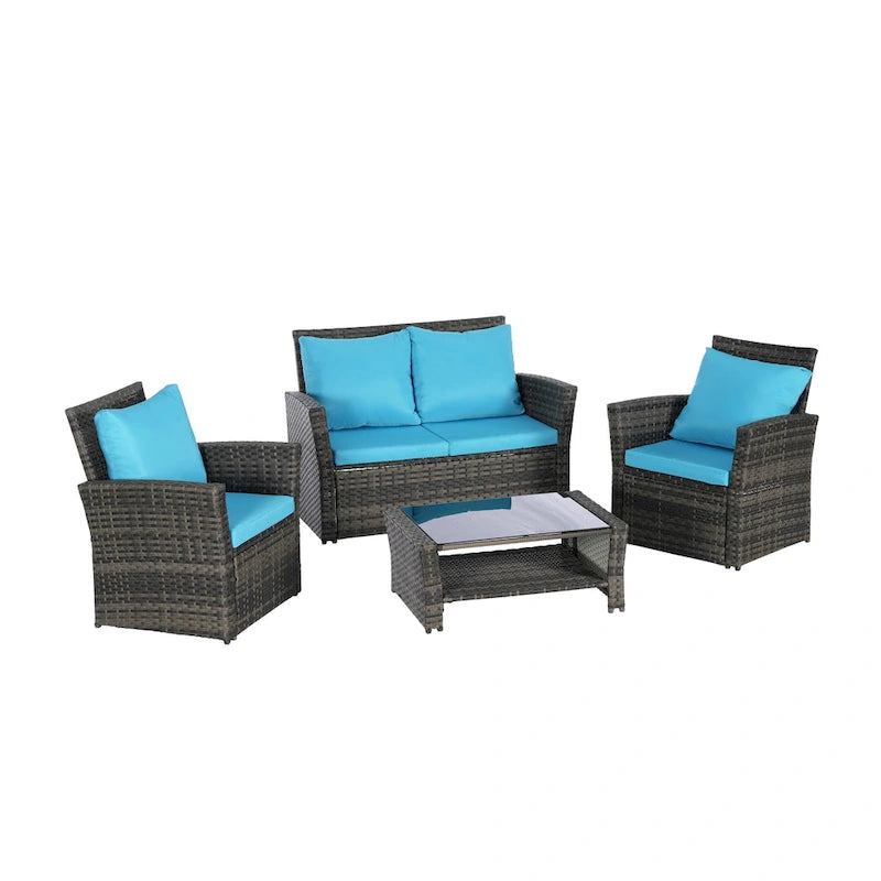 4 Piece Patio Furniture Set, Outdoor Rattan Wicker Sofa Set with Water Resistant Cushion and Tempered Glass Coffee Table