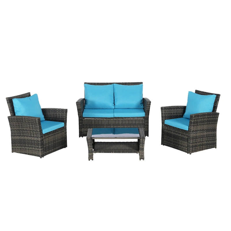 4 Piece Patio Furniture Set, Outdoor Rattan Wicker Sofa Set with Water Resistant Cushion and Tempered Glass Coffee Table