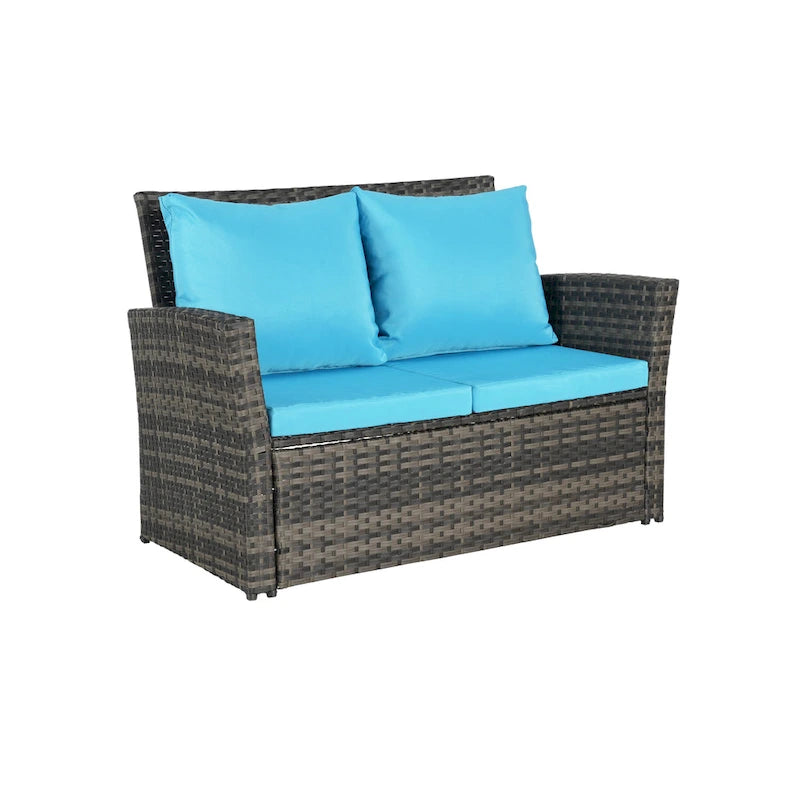 4 Piece Patio Furniture Set, Outdoor Rattan Wicker Sofa Set with Water Resistant Cushion and Tempered Glass Coffee Table