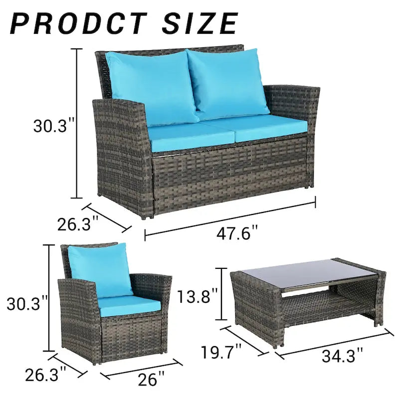 4 Piece Patio Furniture Set, Outdoor Rattan Wicker Sofa Set with Water Resistant Cushion and Tempered Glass Coffee Table