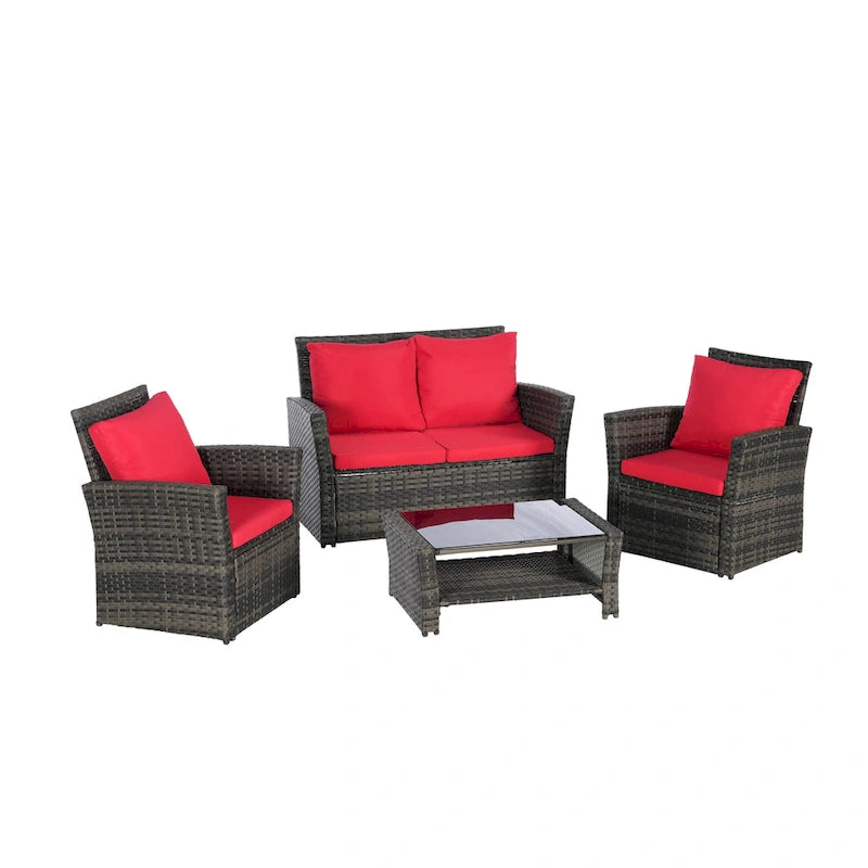 4 Piece Patio Furniture Set, Outdoor Rattan Wicker Sofa Set with Water Resistant Cushion and Tempered Glass Coffee Table