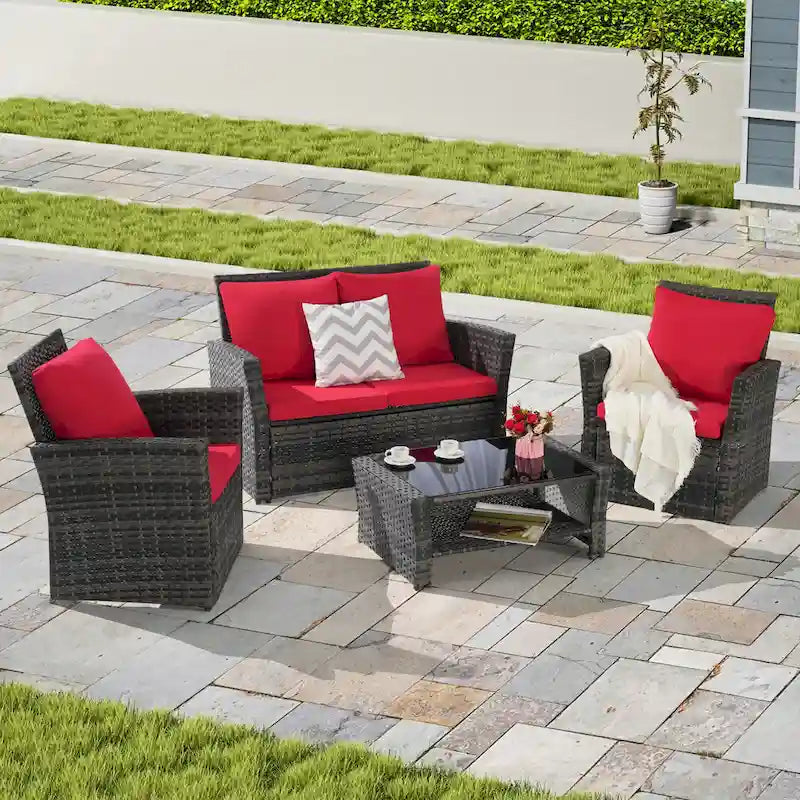 4 Piece Patio Furniture Set, Outdoor Rattan Wicker Sofa Set with Water Resistant Cushion and Tempered Glass Coffee Table