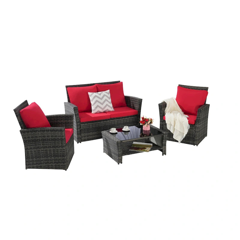 4 Piece Patio Furniture Set, Outdoor Rattan Wicker Sofa Set with Water Resistant Cushion and Tempered Glass Coffee Table
