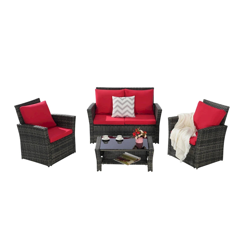4 Piece Patio Furniture Set, Outdoor Rattan Wicker Sofa Set with Water Resistant Cushion and Tempered Glass Coffee Table
