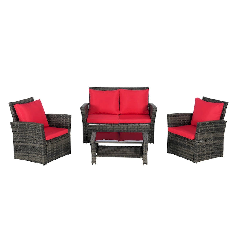 4 Piece Patio Furniture Set, Outdoor Rattan Wicker Sofa Set with Water Resistant Cushion and Tempered Glass Coffee Table
