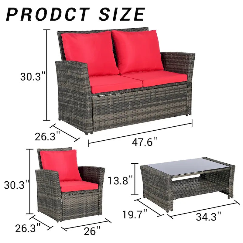 4 Piece Patio Furniture Set, Outdoor Rattan Wicker Sofa Set with Water Resistant Cushion and Tempered Glass Coffee Table