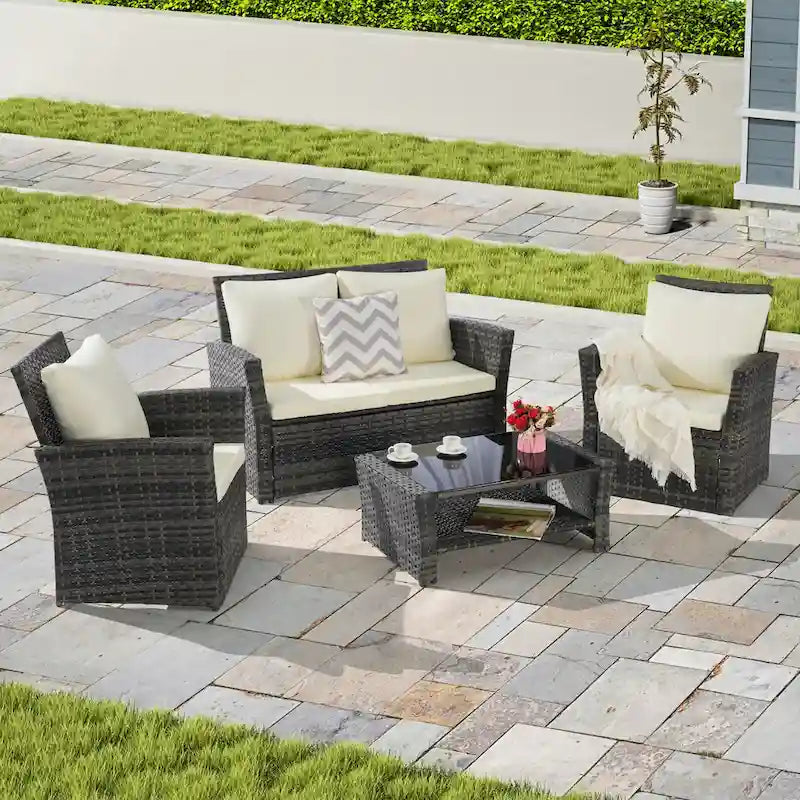 4 Piece Patio Furniture Set, Outdoor Rattan Wicker Sofa Set with Water Resistant Cushion and Tempered Glass Coffee Table