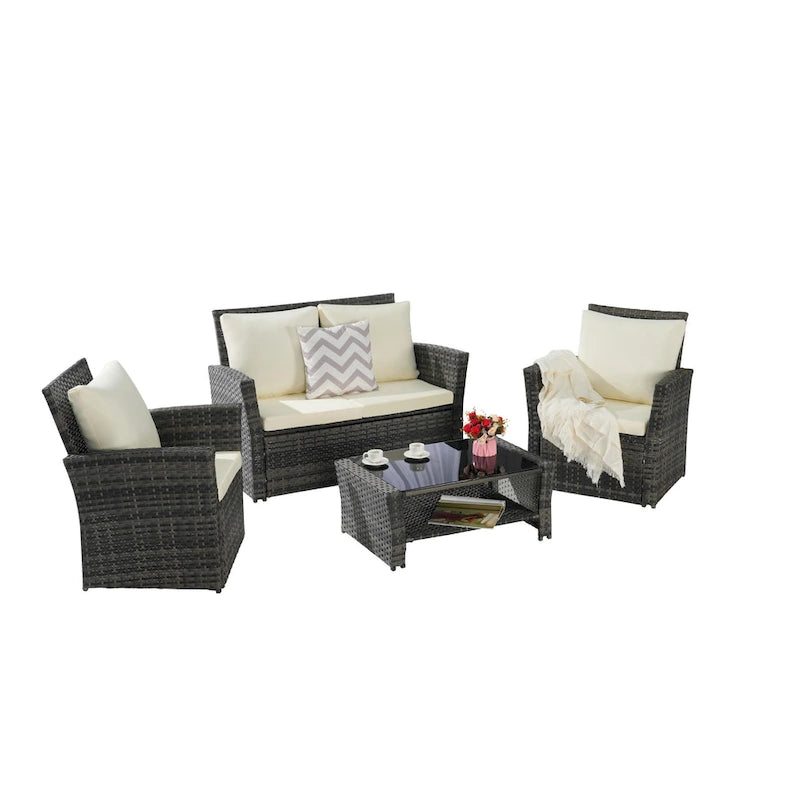 4 Piece Patio Furniture Set, Outdoor Rattan Wicker Sofa Set with Water Resistant Cushion and Tempered Glass Coffee Table