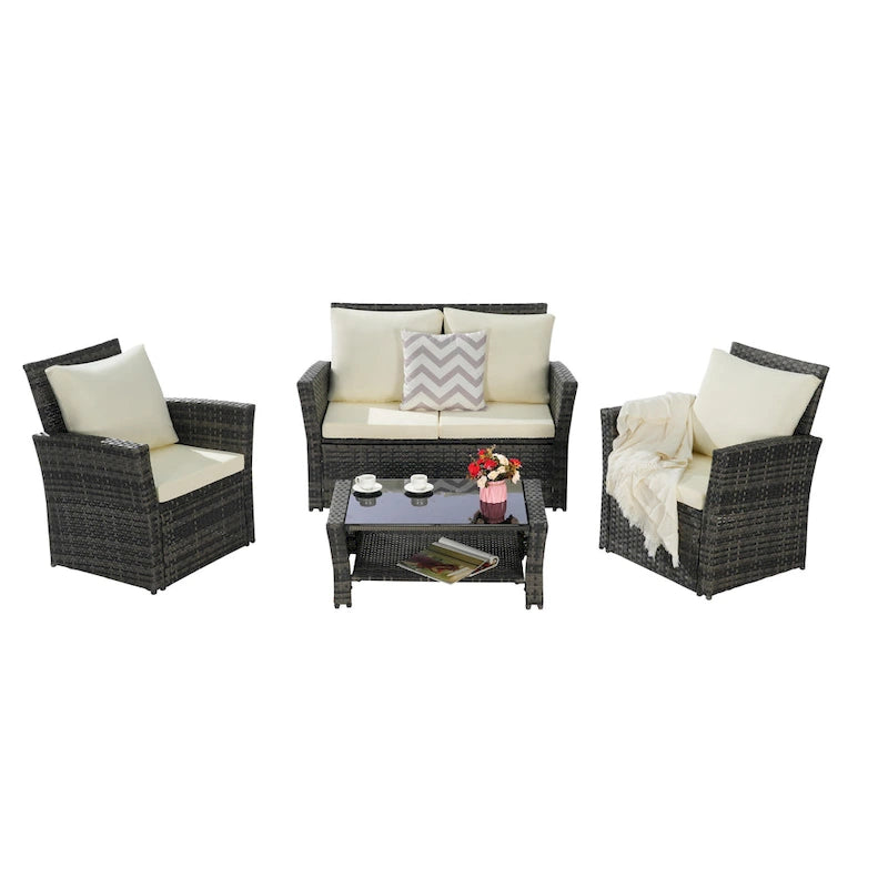 4 Piece Patio Furniture Set, Outdoor Rattan Wicker Sofa Set with Water Resistant Cushion and Tempered Glass Coffee Table