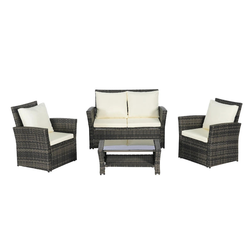 4 Piece Patio Furniture Set, Outdoor Rattan Wicker Sofa Set with Water Resistant Cushion and Tempered Glass Coffee Table