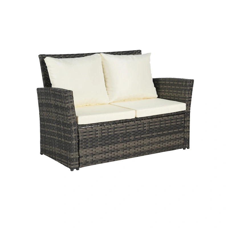4 Piece Patio Furniture Set, Outdoor Rattan Wicker Sofa Set with Water Resistant Cushion and Tempered Glass Coffee Table