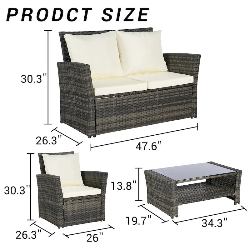 4 Piece Patio Furniture Set, Outdoor Rattan Wicker Sofa Set with Water Resistant Cushion and Tempered Glass Coffee Table