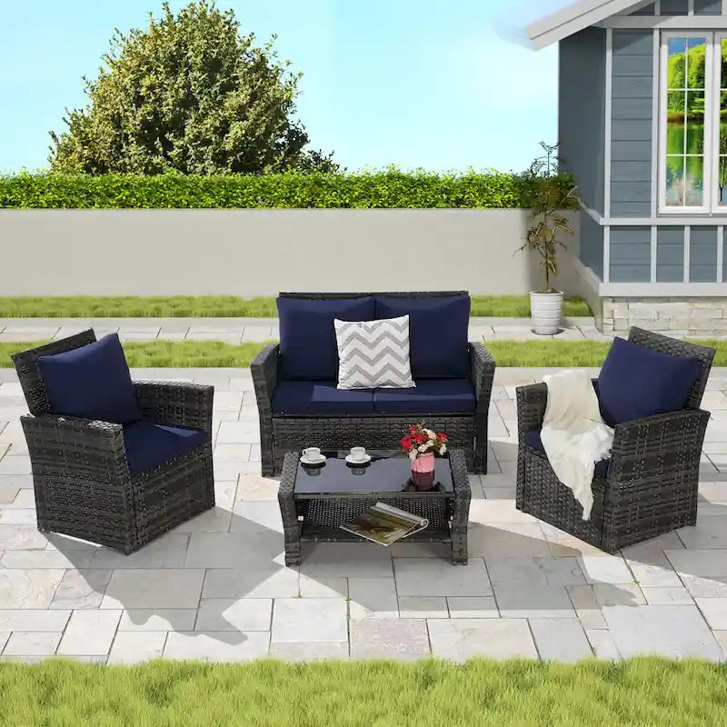 4 Piece Patio Furniture Set, Outdoor Rattan Wicker Sofa Set with Water Resistant Cushion and Tempered Glass Coffee Table