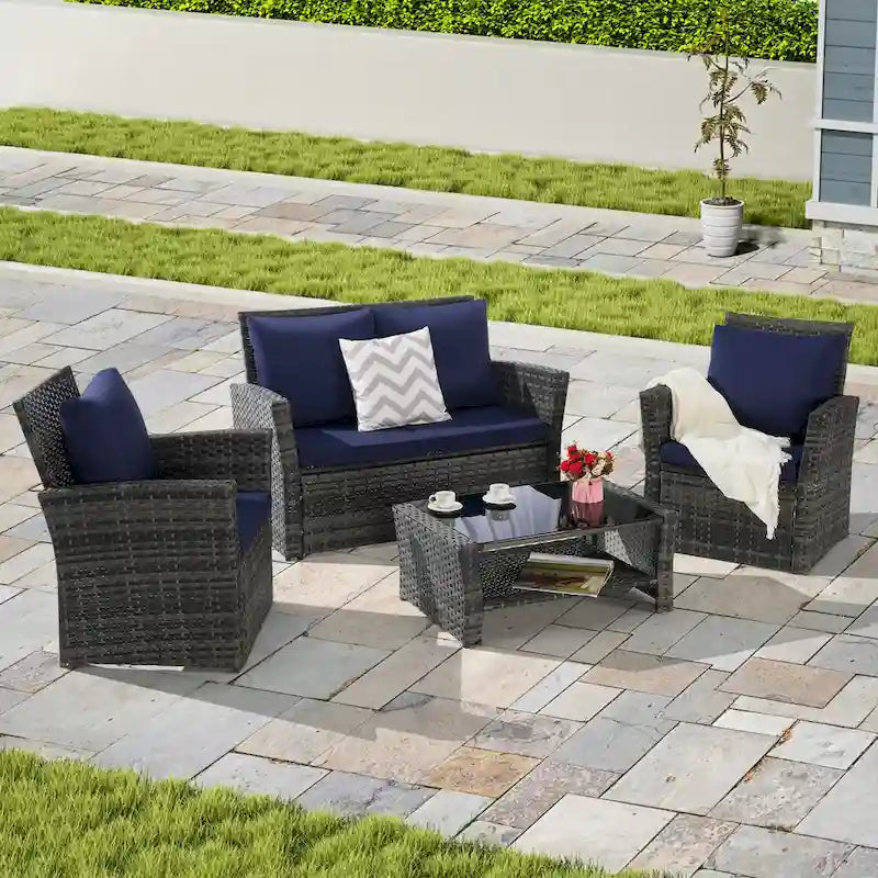 4 Piece Patio Furniture Set, Outdoor Rattan Wicker Sofa Set with Water Resistant Cushion and Tempered Glass Coffee Table