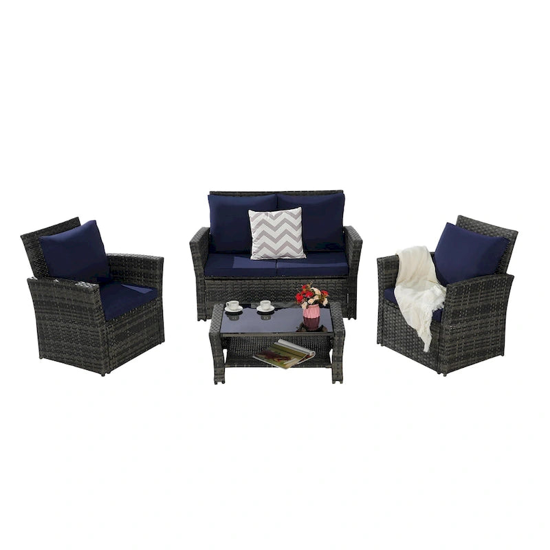 4 Piece Patio Furniture Set, Outdoor Rattan Wicker Sofa Set with Water Resistant Cushion and Tempered Glass Coffee Table