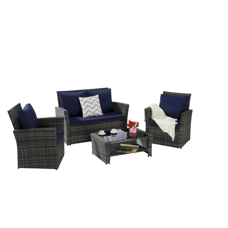 4 Piece Patio Furniture Set, Outdoor Rattan Wicker Sofa Set with Water Resistant Cushion and Tempered Glass Coffee Table