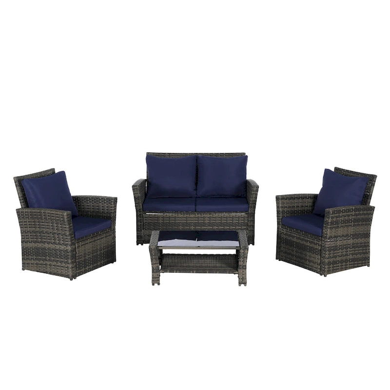4 Piece Patio Furniture Set, Outdoor Rattan Wicker Sofa Set with Water Resistant Cushion and Tempered Glass Coffee Table