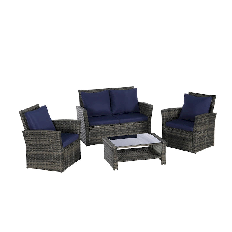 4 Piece Patio Furniture Set, Outdoor Rattan Wicker Sofa Set with Water Resistant Cushion and Tempered Glass Coffee Table