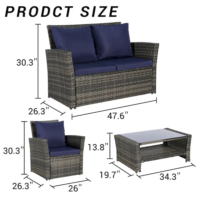 4 Piece Patio Furniture Set, Outdoor Rattan Wicker Sofa Set with Water Resistant Cushion and Tempered Glass Coffee Table