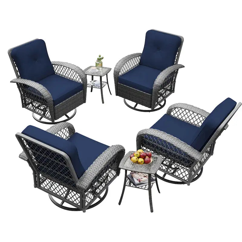 UPHA 6-Piece Patio Outdoor Wicker Swivel Rocking Chair Set with Side Table and Cushions