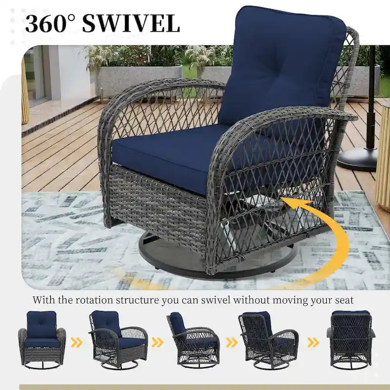 UPHA 6-Piece Patio Outdoor Wicker Swivel Rocking Chair Set with Side Table and Cushions