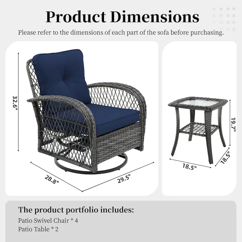 UPHA 6-Piece Patio Outdoor Wicker Swivel Rocking Chair Set with Side Table and Cushions