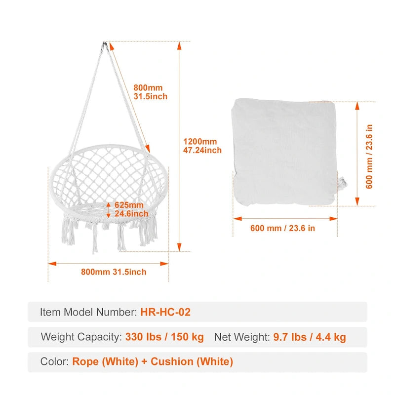 Hanging Hammock Swing Chair, Macram Hanging Chair with Cushion and Mounting Hardware, Cotton Rope Swing Chair