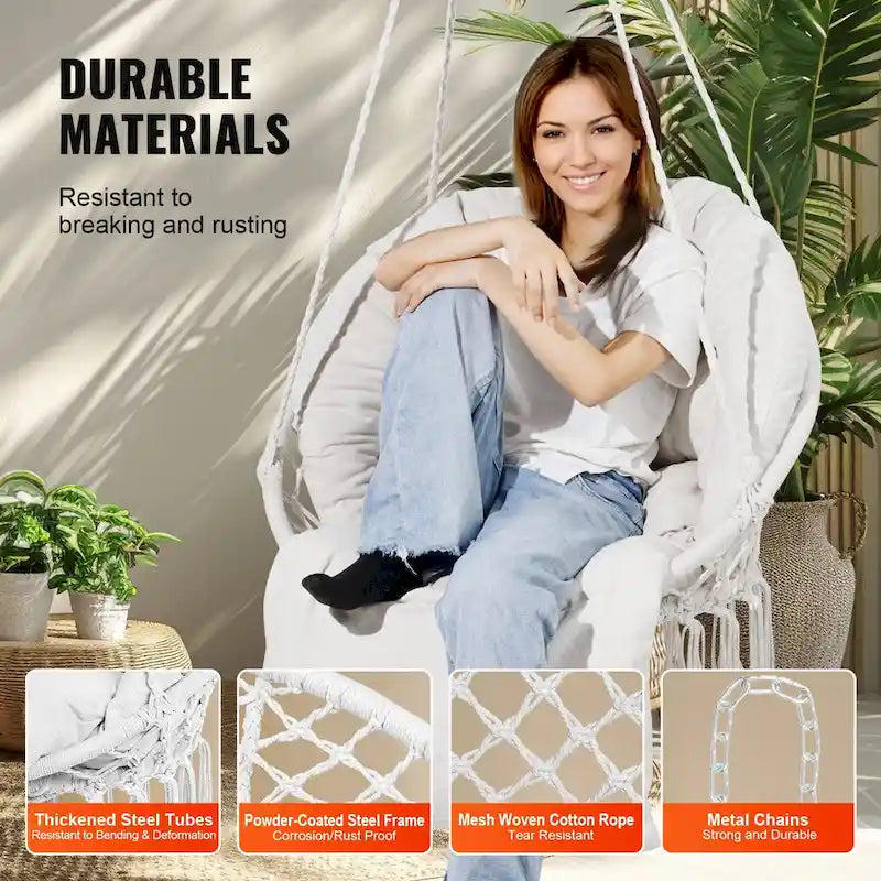 Hanging Hammock Swing Chair, Macram Hanging Chair with Cushion and Mounting Hardware, Cotton Rope Swing Chair