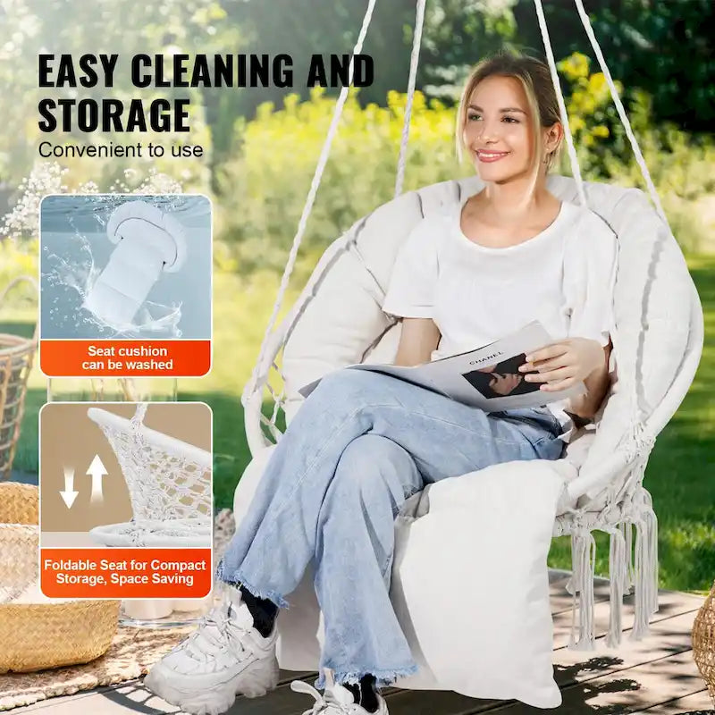 Hanging Hammock Swing Chair, Macram Hanging Chair with Cushion and Mounting Hardware, Cotton Rope Swing Chair