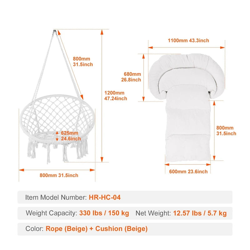 Hanging Hammock Swing Chair, Macram Hanging Chair with Cushion and Mounting Hardware, Cotton Rope Swing Chair