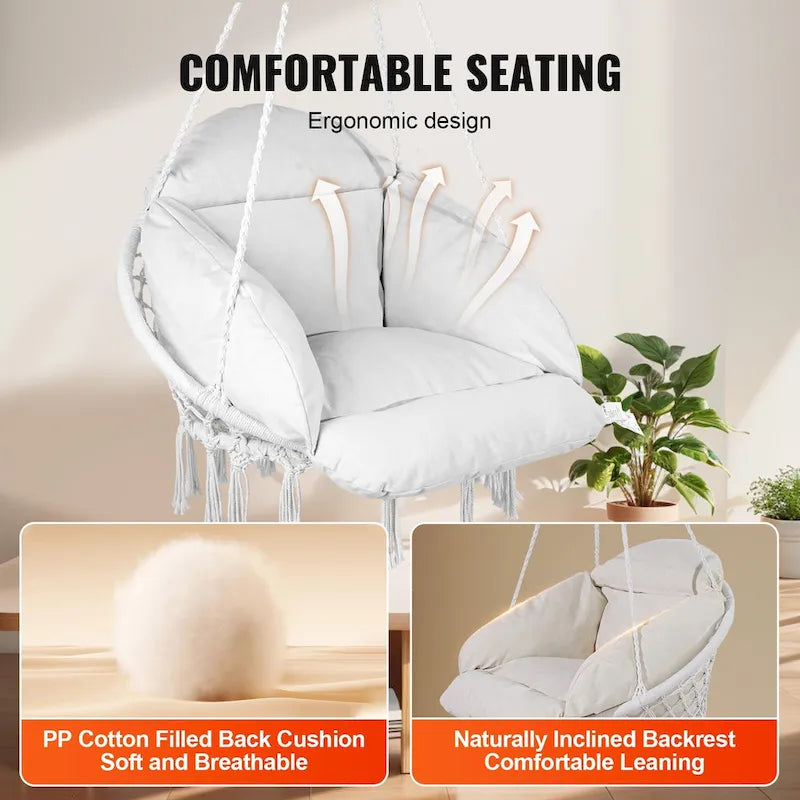 Hanging Hammock Swing Chair, Macram Hanging Chair with Cushion and Mounting Hardware, Cotton Rope Swing Chair