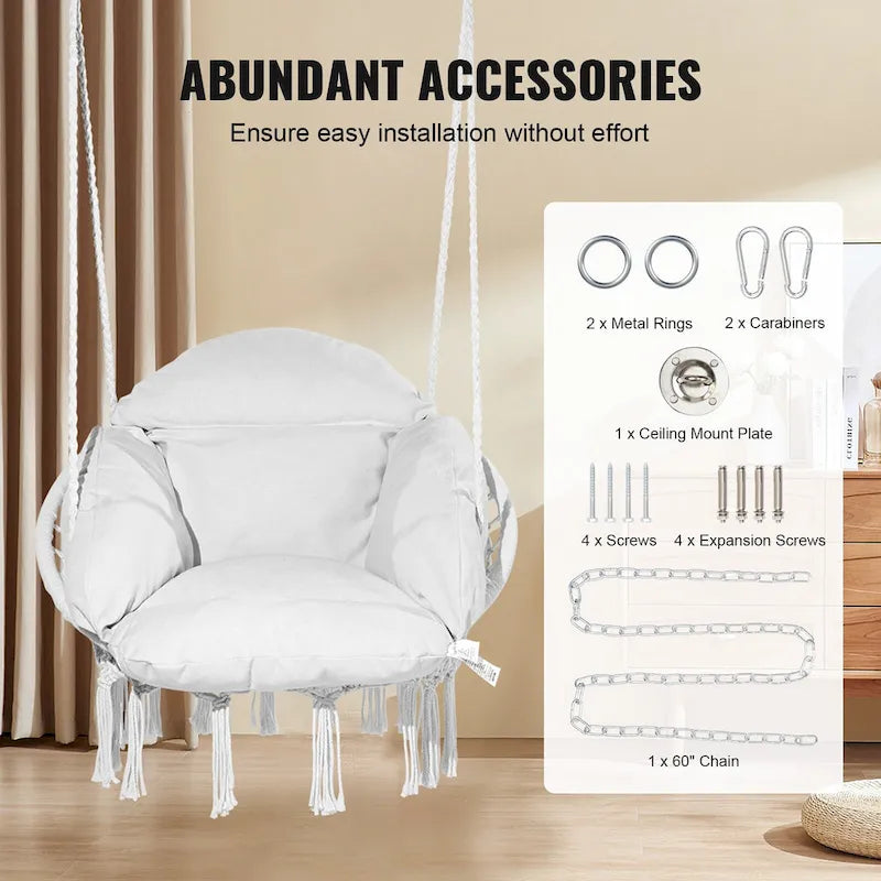Hanging Hammock Swing Chair, Macram Hanging Chair with Cushion and Mounting Hardware, Cotton Rope Swing Chair