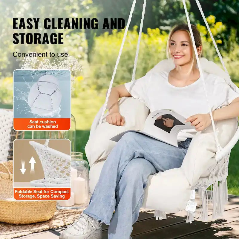 Hanging Hammock Swing Chair, Macram Hanging Chair with Cushion and Mounting Hardware, Cotton Rope Swing Chair