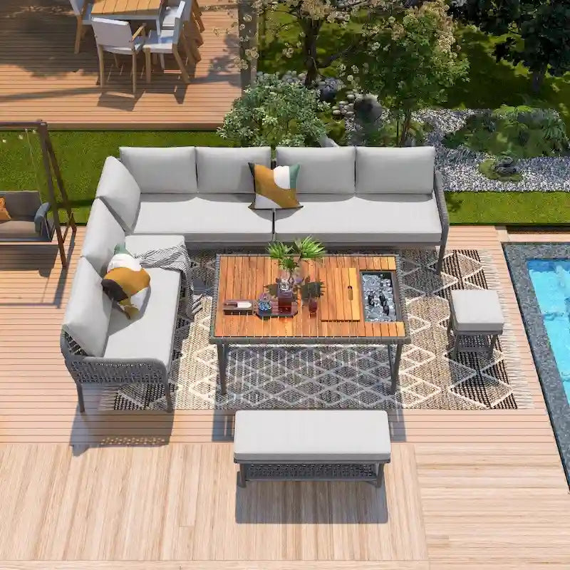 6-Pieces Wicker Outdoor Sectional Set with Wood Table Ice Box and Cushions