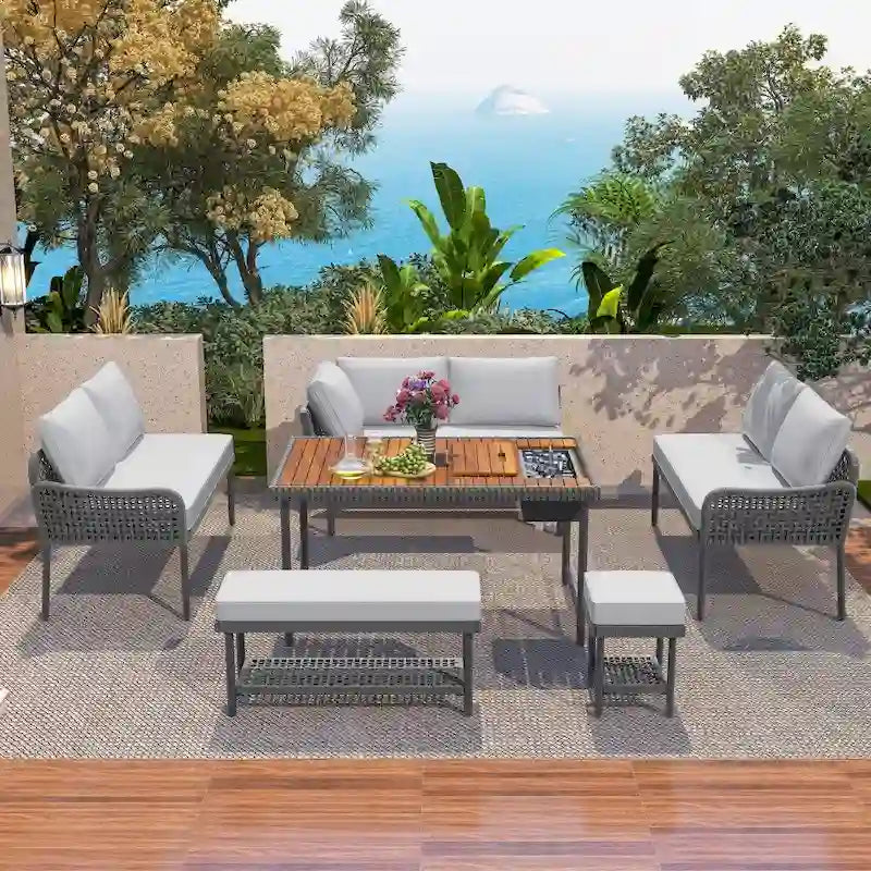 6-Pieces Wicker Outdoor Sectional Set with Wood Table Ice Box and Cushions