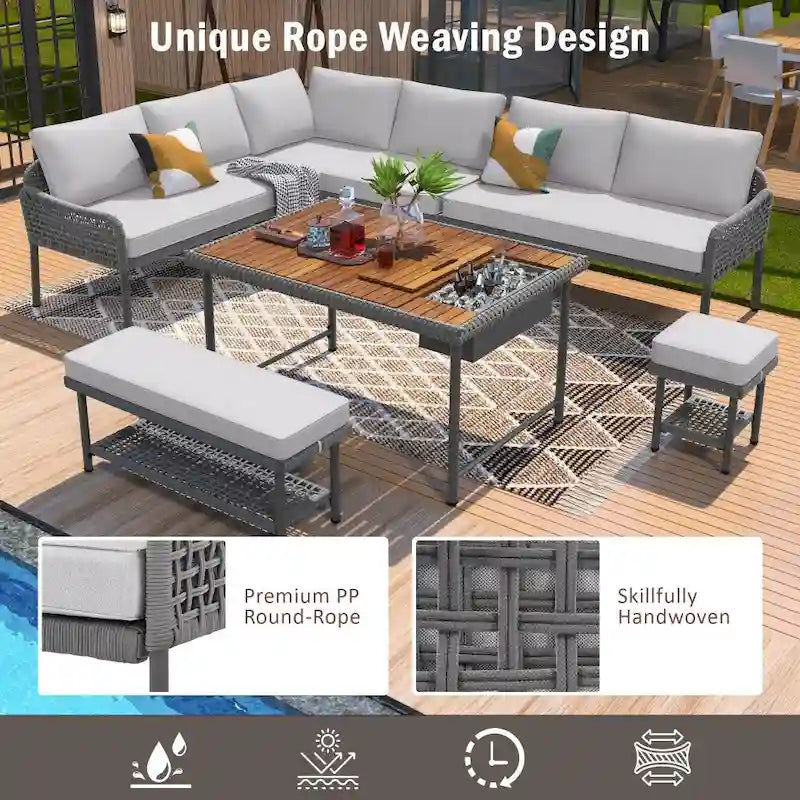 6-Pieces Wicker Outdoor Sectional Set with Wood Table Ice Box and Cushions