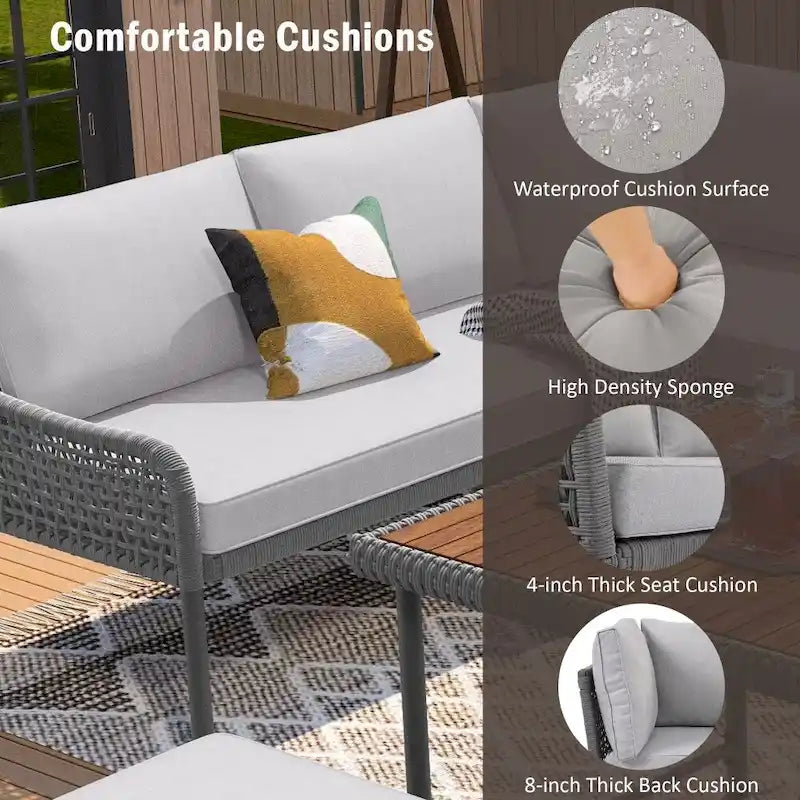 6-Pieces Wicker Outdoor Sectional Set with Wood Table Ice Box and Cushions
