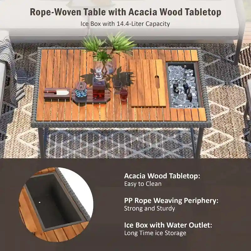 6-Pieces Wicker Outdoor Sectional Set with Wood Table Ice Box and Cushions
