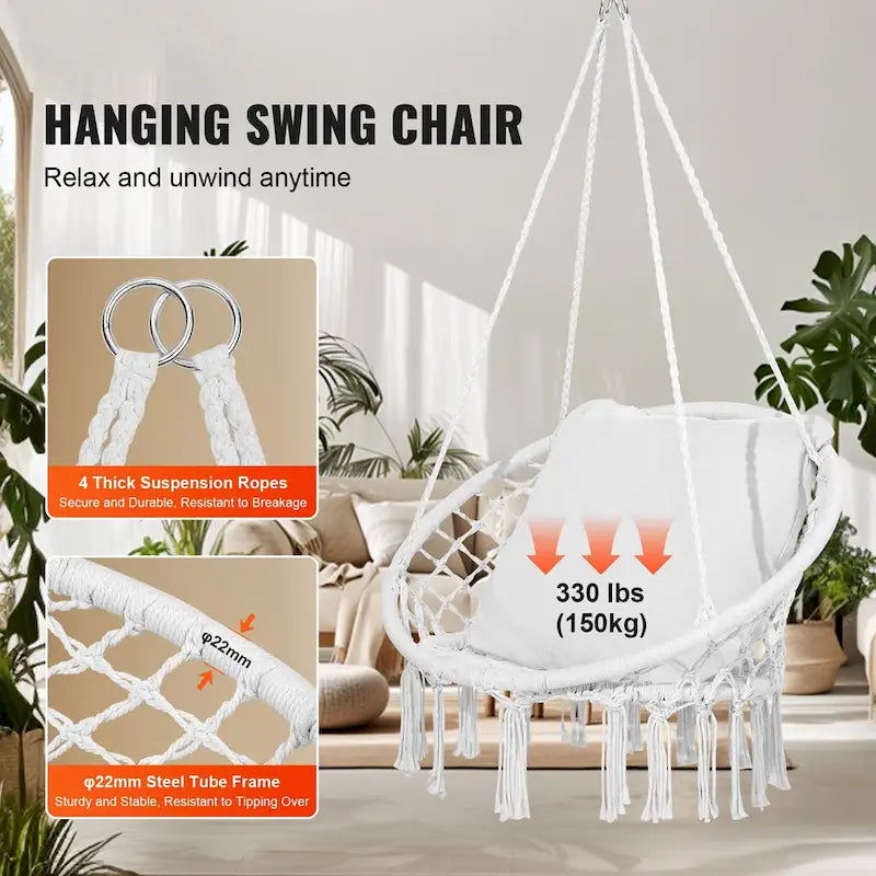 Hammock Chair Hanging Swing for Indoor Outdoor Patio Bedroom Porch