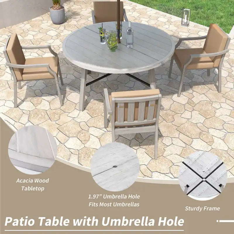Outdoor Dining Set 4-Person Outdoor Wooden Dining Set with Umbrella Hole and Removable Cushions for Patio, Backyard