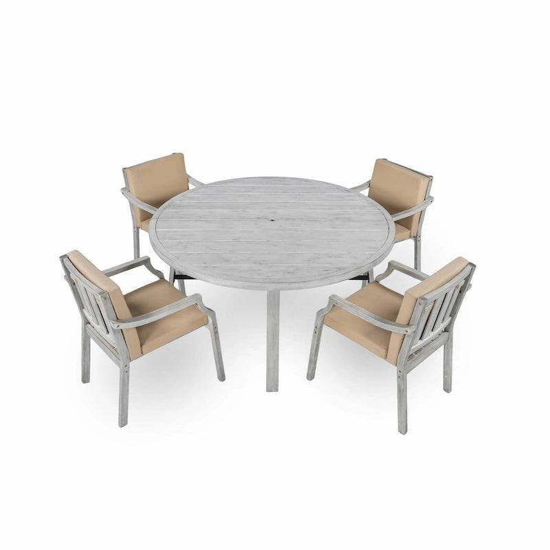 Outdoor Dining Set 4-Person Outdoor Wooden Dining Set with Umbrella Hole and Removable Cushions for Patio, Backyard