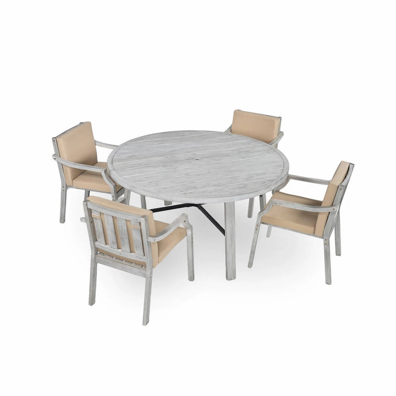 Outdoor Dining Set 4-Person Outdoor Wooden Dining Set with Umbrella Hole and Removable Cushions for Patio, Backyard
