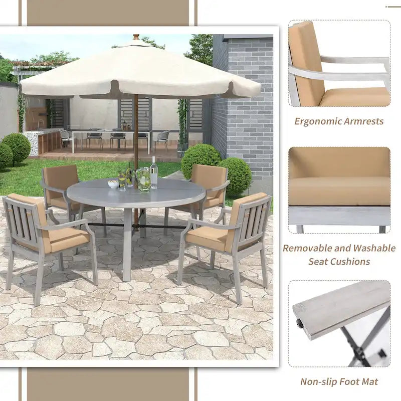 Outdoor Dining Set 4-Person Outdoor Wooden Dining Set with Umbrella Hole and Removable Cushions for Patio, Backyard