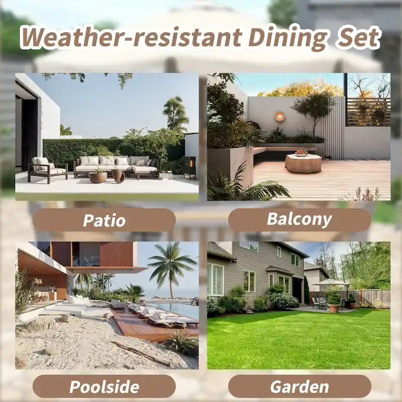 Outdoor Dining Set 4-Person Outdoor Wooden Dining Set with Umbrella Hole and Removable Cushions for Patio, Backyard