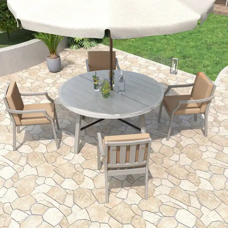 Outdoor Dining Set 4-Person Outdoor Wooden Dining Set with Umbrella Hole and Removable Cushions for Patio, Backyard
