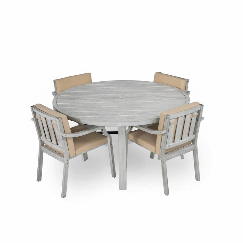 Outdoor Dining Set 4-Person Outdoor Wooden Dining Set with Umbrella Hole and Removable Cushions for Patio, Backyard